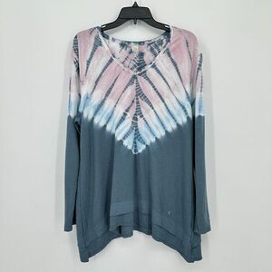 Green Tea Tunic Womens‎ XL Pink Blue Tie Dye Layered Yoga Athleisure Stretch